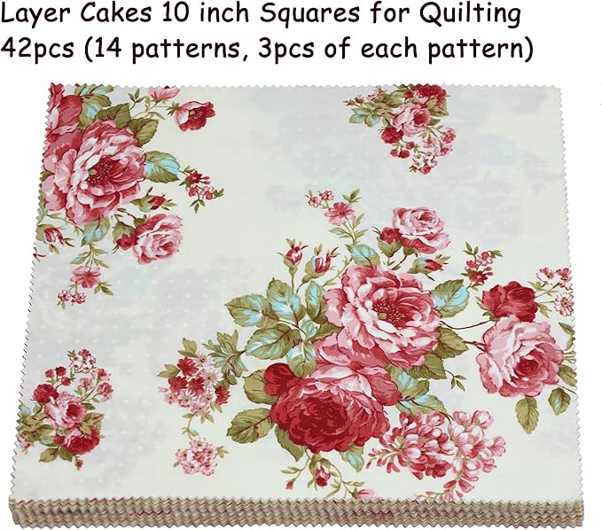 Layer Cakes 10 inch Squares for Quilting, Pre-cuts 42Pcs Vintage Floral Print Cotton Fabric Squares 10x10 inch Layer Cakes, Layer Cake Fabric Clearance for Quilting 10 inch