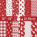 24 Sheets Christmas Scrapbook Paper 12'' × 12'' Double-Sided Xmas Red Pattern Paper Decorative Art Cardstock for Holiday DIY Crafts Card Making Scrapbook Supplies