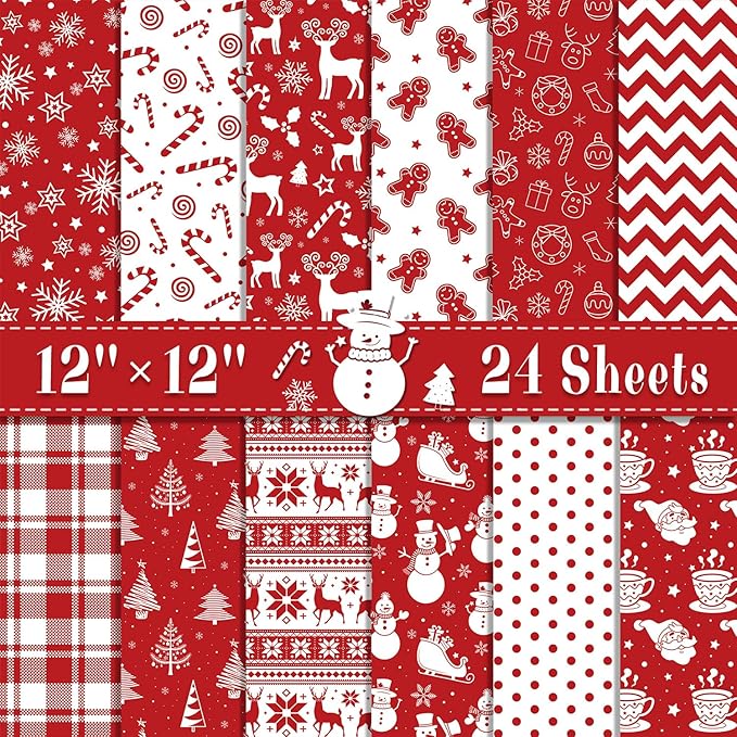 24 Sheets Christmas Scrapbook Paper 12'' × 12'' Double-Sided Xmas Red Pattern Paper Decorative Art Cardstock for Holiday DIY Crafts Card Making Scrapbook Supplies