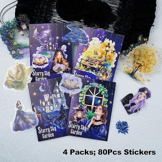80Pcs Starry Sky Garden PET Sticker Pack, Fantasy Landscape Stickers for Scrapbooking, Journaling, DIY Crafts and Planner Decoration