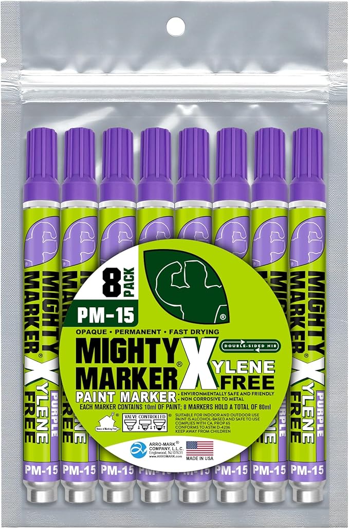 PM-15, Eco-Friendly Paint Marker, Alcohol-Based & Xylene-Free, Waterproof & Permanent, 10ml, 2.3mm Tip, 8 Bonus Tips, Made in USA, Purple 8 Pack