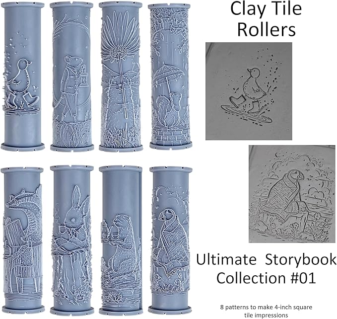 Ultimate Storybook Clay Texture Rollers 8-Set (4") - Storybook Set #01 - Embossing Pattern Rollers for Polymer & Ceramic Clay, Pottery & Crafts
