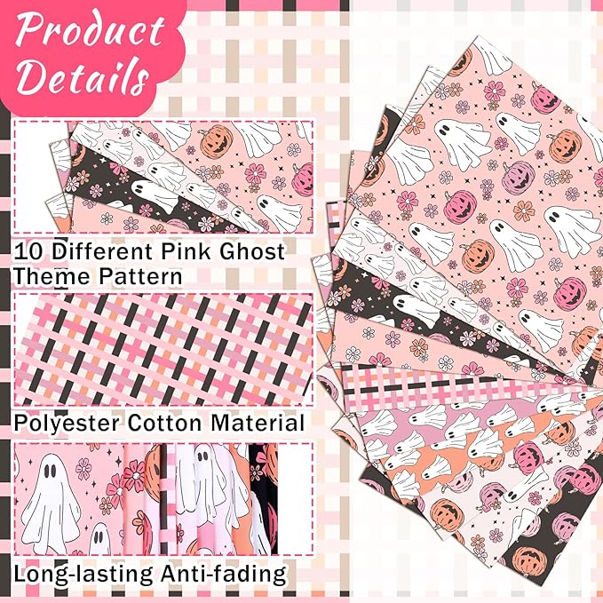 Hahafelt 10 Pcs 18 x 22 Inch Pink Ghost Halloween Quilting Fabric Squares Ghost Floral Fabric Bundles Pumpkin Flower Fat Quarters Pink Black Skull for Halloween DIY Craft Sewing Handmade