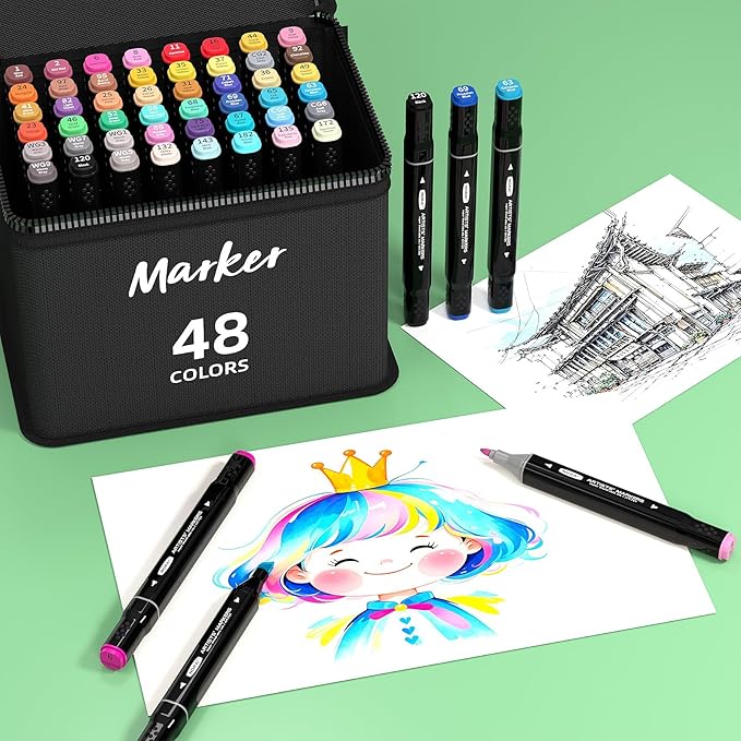 Alcohol Markers, 48 Colors Dual Tip Art Markers for Adult Coloring Books, Drawing, Sketching, Card Making, Very Suitable for Painting Supplies