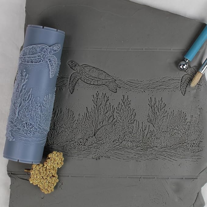 Turtle Reef Passage Clay Texture Roller (4") - Seamless Ocean Set #01 - Embossing Pattern Roller for Polymer & Ceramic Clay, Pottery & Crafts