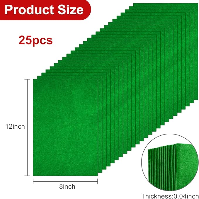 CHRORINE 25 Pcs Assorted Color Felt Fabric Sheets 8" x 12" Soft Felt Fabric Sheet for Crafts DIY Sewing Squares Nonwoven Patchwork (Green)