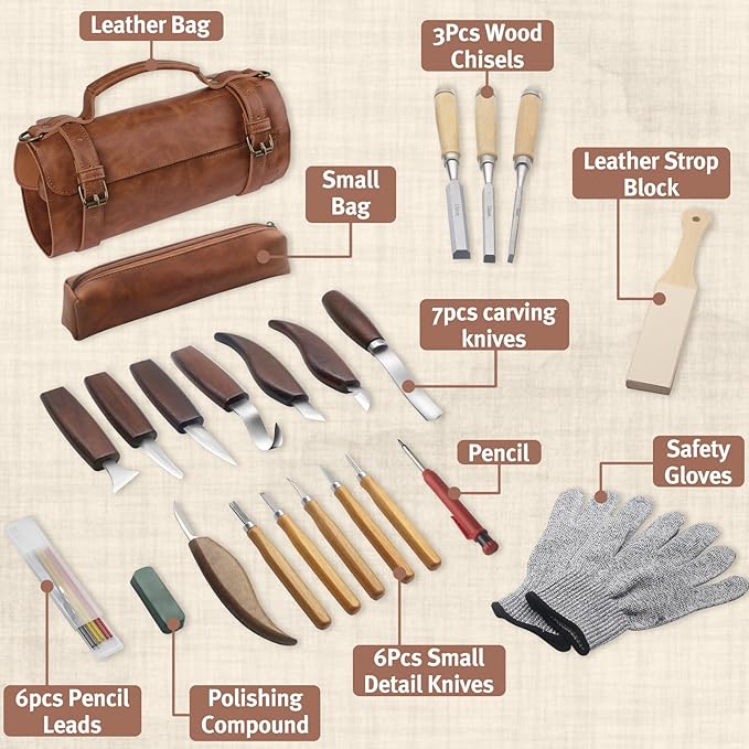 23PCS Wood Carving Kit - Whittling Knife Set with PU Leather Storage Bag, Wood Carving Knives, Detail Knives, Safety Gloves, and Leather Strop for Beginners & Experts