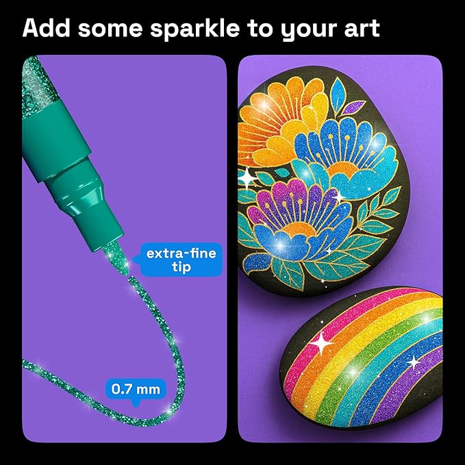 ARTISTRO 12 Glitter Paint Pens for Glass Marking, Rock Painting, Ceramic, Wood, Fabric, Scrapbooking, DIY Craft Making, Coloring - Acrylic Paint Markers Extra-Fine Tip 0.7mm