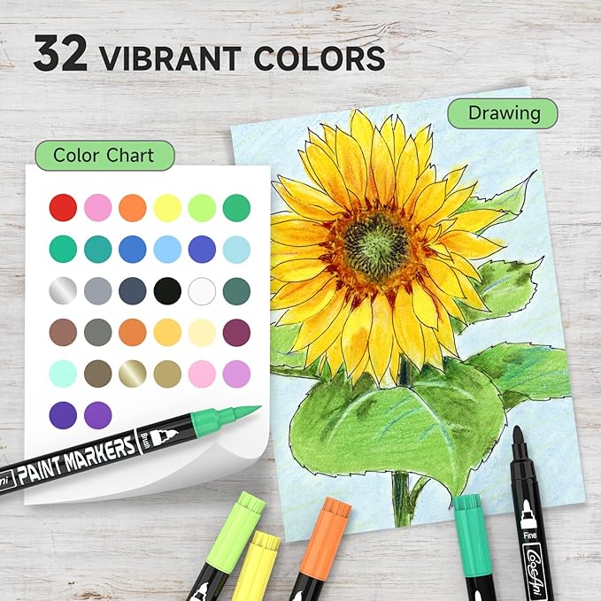 32 Colors Paint Markers, Dual Tip Acrylic Paint Markers for Wood, Canvas, Glass, Ceramic, Fabric,Rock Painting, DIY Crafts Making Art Supplies (Fine Tip and Brush Tip)