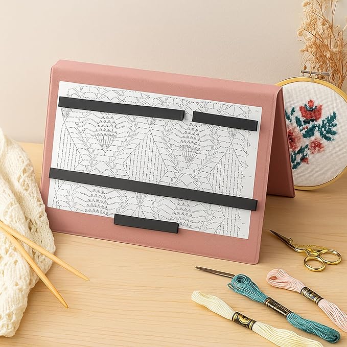 Flutesan Knitting Pattern Holder Fold up Cross Stitch Knitting Chart Keeper with 4 Replacement Magnets Magnetic Cross Stitch Accessories and Supplies for Crochet, 13.2 x 9 Inch (Pink)