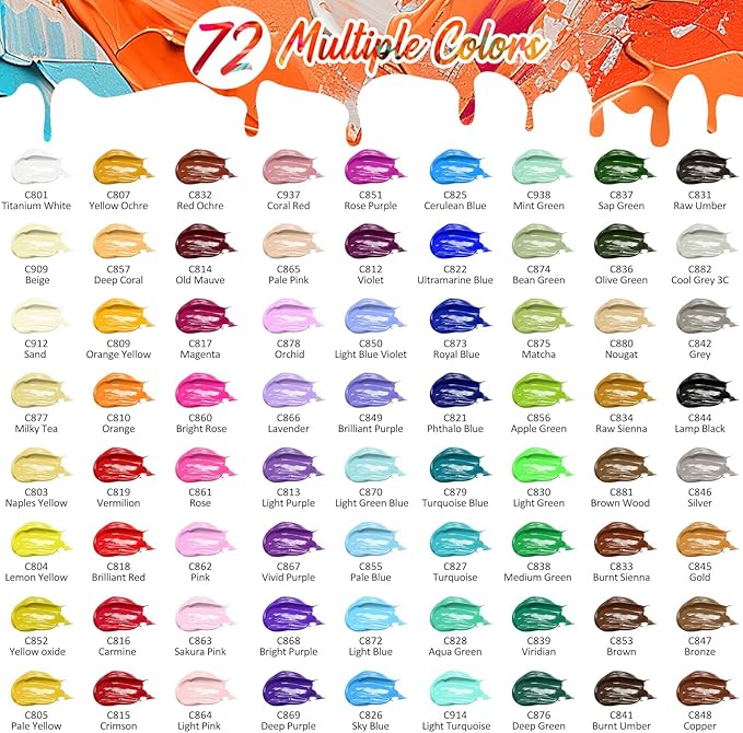 Caliart Acrylic Paint Set with 12 Brushes, 72 Colors (59ml, 2oz) Art Craft Paints Gifts for Artists Adults Beginners Painters, Pumpkin Canvas Ceramic Wood Rock Painting Kit Art Supplies