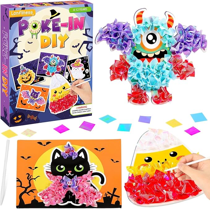Lonfliness 8PCS Poke-in Craft and Art Kit Halloween No-Mess Fabric Sewing Art Puzzle Puncture Painting DIY Bat Pumpkin Ghost Halloween Toy Gift Creative Activity Game Birthday Party
