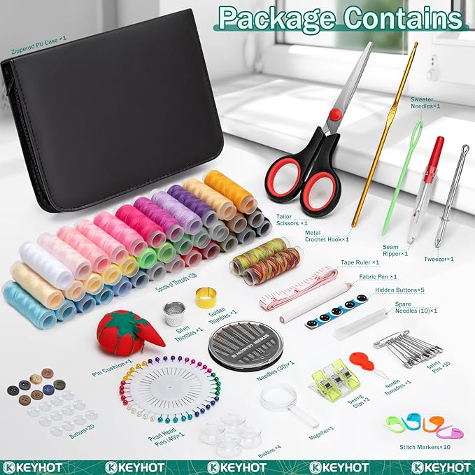 KEYHOT Sewing kit Basic,Needle and Thread Kit,Travel Small Sewing Machine Supplies for Adults Beginners Men, Home Travel Emergency Including Scissors Measure Tape Needle Threader (183pcs)