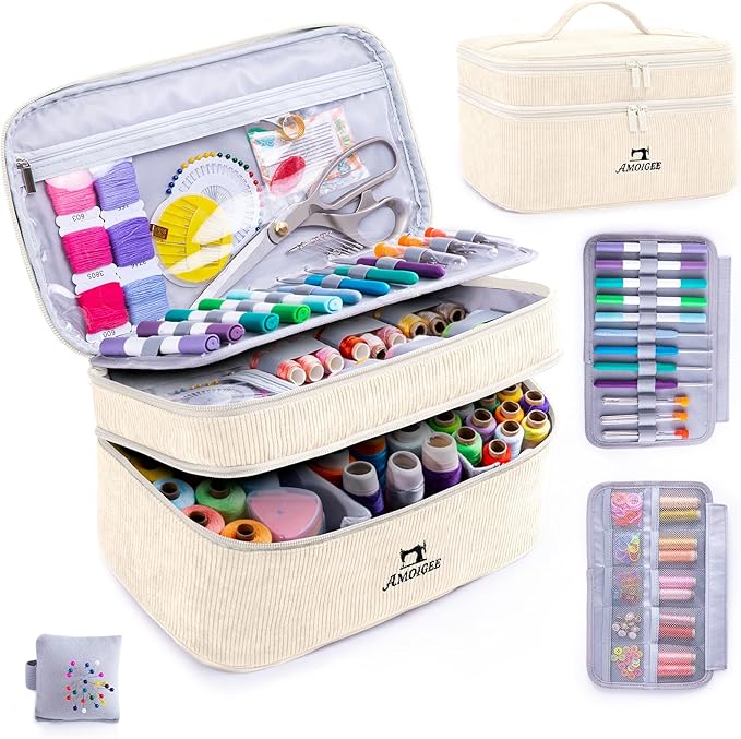AMOIGEE Double-Layer Sewing Accessories Organizer with Pin Cushion – Large Sewing Storage Bag for Thread, Notions & Tools – Portable Travel Sewing Tote for Quilting, Embroidery & Crafts Gift (BagOnly)