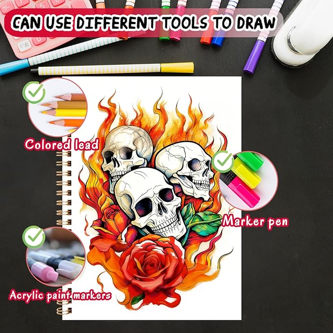 Tlenpo Sugar Skull Coloring Book for Adult Women Relaxation, Spiral Bound, Printed Single-Sided, Adult Coloring Book for Women Arts and Crafts Sugar Skull Mindfulness Gift with 50 Pages