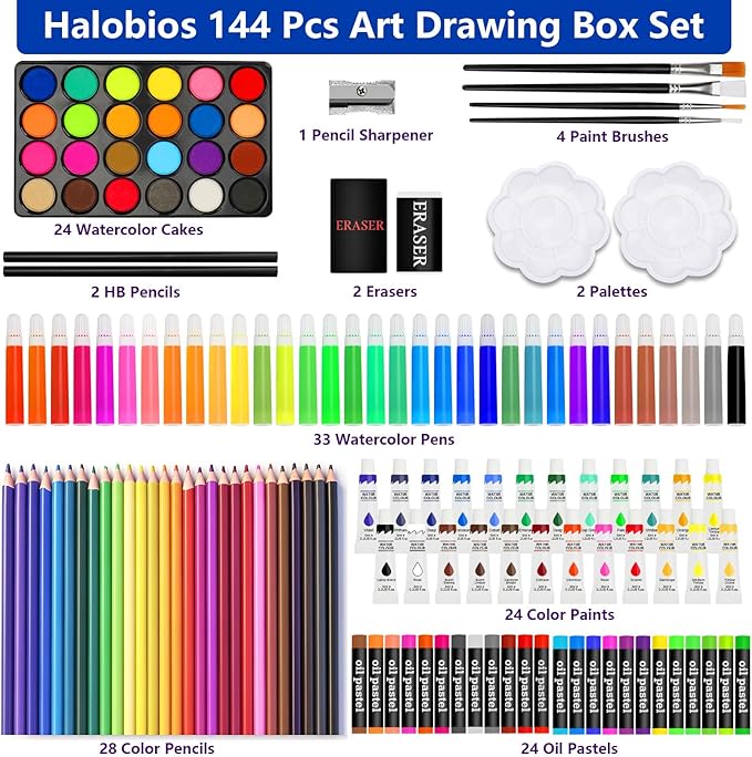 Art Supplies, 144-Piece Deluxe Art Set Professional Art Kit with Portable Aluminum Case, Crafts Drawing Painting Kit for Gifts Adults Kids Artists