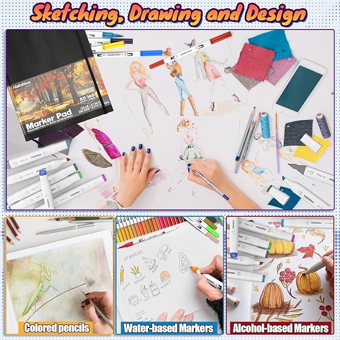 Halobios Square Sketchbook for Drawing, 120 lb/200 GSM A4 Mixed Media Sketchbook, 80 Sheets/160 Pages Portable Marker Drawing Paper Sketch Book for Alcohol Markers, Artists, Beginners（8.3”x11.7”）