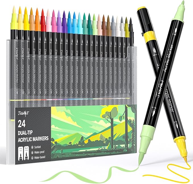 JusArt 24 Colors Dual Tip Acrylic Paint Pens Markers, Brush and Fine Tip, Premium Paint Pens for Wood, Canvas, Egg, Stone, Fabric, Rocks, Metal, Glass, Ceramic, DIY Crafts Making Art Supplies Gifts