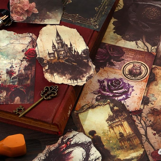 120 Pieces Dark Art Themed Stickers and Scrapbook Paper Kit, 4 Pack Aesthetic Decorative European-Style Vintage Scrapbook Stickers for Scrapbooking, Journaling, DIY Crafts and Planner Supplies