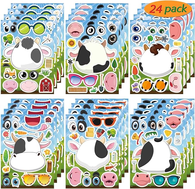 24 PCS Cows Stickers for Kids, Make-a-face Sticker Sheets Make Your Own Fram Animal Sticker for Kids Party Favor Supplies Craft