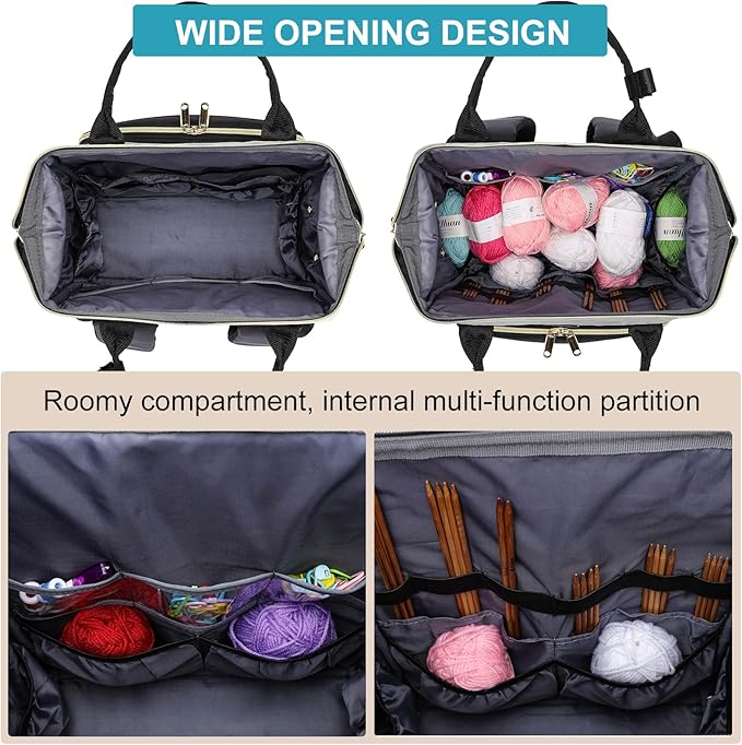 Crochet Bag Backpack, Large Yarn Storage Crochet Organizer, Christmas Gifts Travel Crochet Backpack for Women, Knitting & Crochet Accessories for Crochet Hooks, Black & Grey