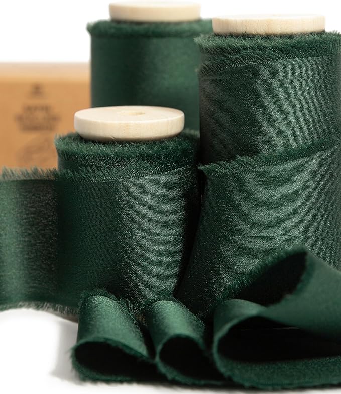 Vitalizart Green Silk Satin Ribbon 1-1/2 Inch x 15 Yard Wooden Spool Handmade Frayed Ribbons for Gift Wrapping Baby Shower Wedding Bridal Bouquets Holiday Decor