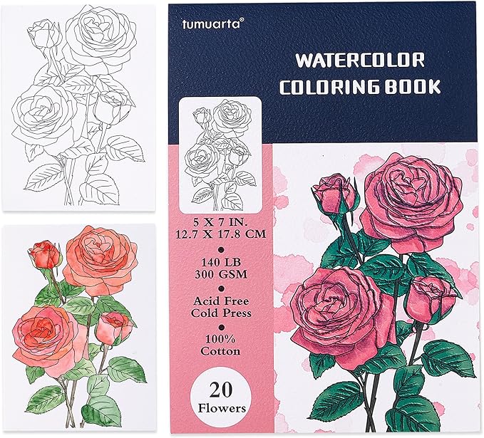 tumuarta Watercolor Coloring Book, 20 Unique Floral Designs, 5x7”, 100% Cotton, 300GSM, 140 LB, 20 Sheets, Cold Press, Acid Free Watercolor Paper Sketchbook, Glue Bound Mixed Media Pad (Flowers)