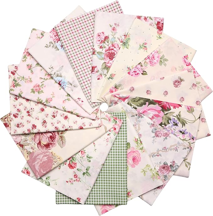 Hanjunzhao 14 Pcs Plaid Vintage Floral Print Fabric Fat Quarters Bundles 18 x 22 Inch Rose Flowers Sewing Fabrics for Quilting - Holiday DIY Craft Party Decor -Vintage Floral