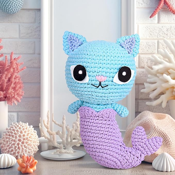 Crochetta Crochet Kit for Beginner, Crochet Starter Kit with Step-by-Step Video Tutorials, Learn Crochet Kits for Adults Women Men Complete Kit Included, 1 Pack Mermaid Cat(40%+ Yarn)