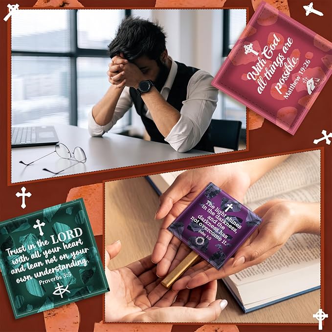 Pocket Prayer Quilt Panel Squares with Small Wooden Crosses Mini Scripture Pocket Prayer Quilt for Friend Family Religious Spiritual Gift Easter Reward Gift(Retro1,Brown)