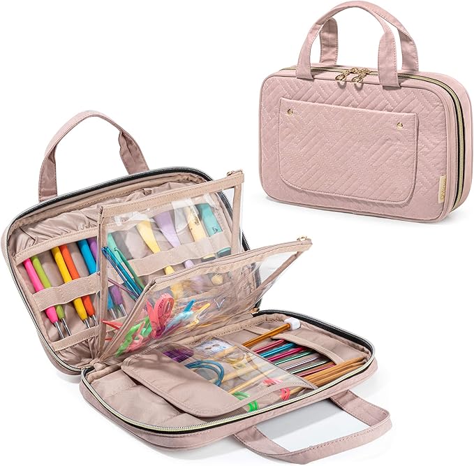Yarwo Knitting Needles Case (up to 10.6"), Crochet Hooks Organizer with Double Handle for Circular Knitting Needles and Accessories, Dusty Rose (Bag Only)