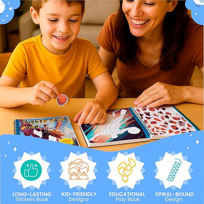 BulbaCraft 4Pcs Sticker Paint Books - Sticker Books by Number with Superheroes, Sports, Vehicles and Adventures - Coloring Activity