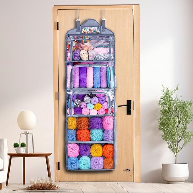 MYBAGZING Hanging Yarn Storage Organizer –Over-The-Door Crochet Organizer with Both Front and Side Zipper Closure -Large Capacity Clear Yarn Holder for Crochet Hooks, Knitting Needles & Accessories