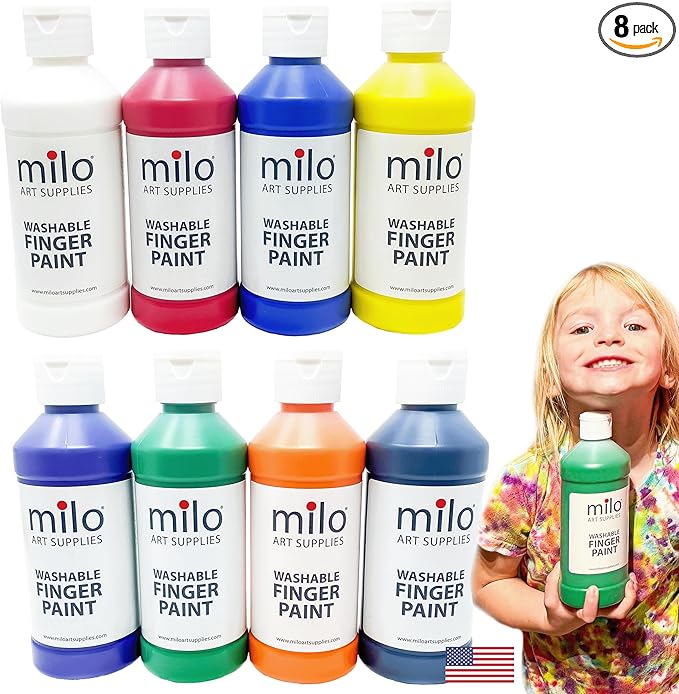 milo Kid's Washable Finger Paint Set of 8 Colors | 8 oz Bottles | Safe and Non-Toxic | Made in the USA | Arts & Crafts Paints for Kids, Toddlers, Pre School Supplies Painting Set for Children | Easy Pour and Squeeze Bottles