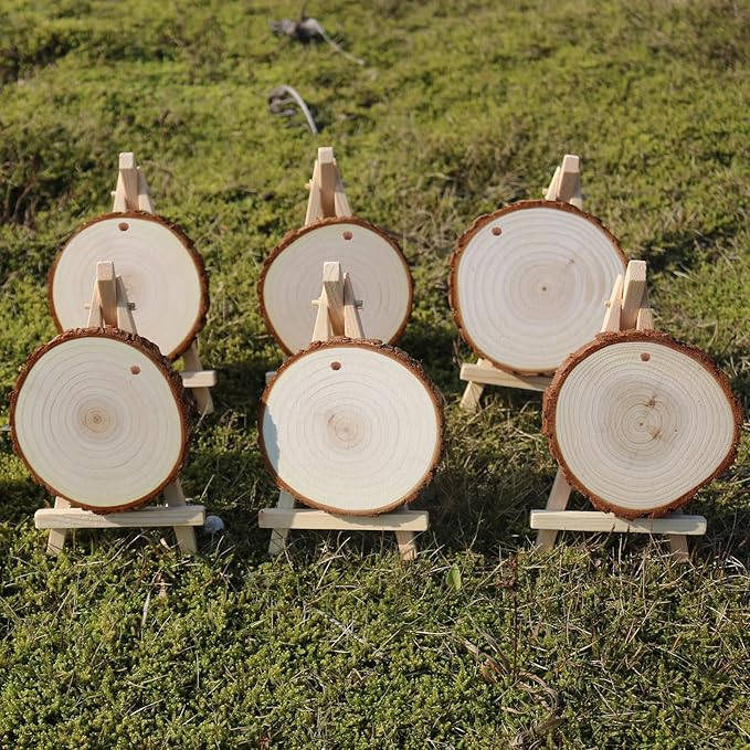SENMUT Wood Slices 30 Pcs 3.5-4.0 inch Natural Rounds Unfinished Wooden Circles Christmas Wood Ornaments for Crafts Wood Kit Predrilled with Hole Wood Coasters, Craft Supplies for DIY and Painting