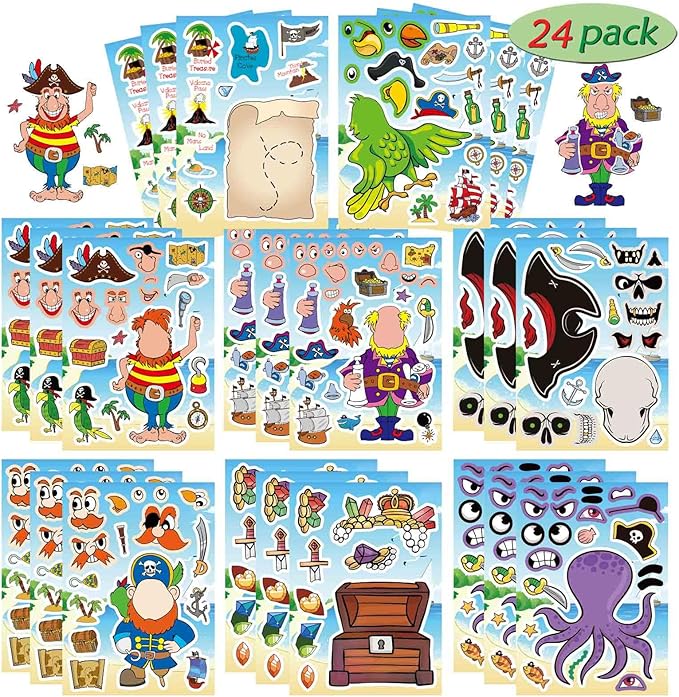 24 Sheets Pirate Stickers for Kids, Make Your Own Pirate Stickers, Make-a-face Stickers, Jolly Roger Stickers, Skull and Crossbones Stickers, Pirate Themed Party Decorations