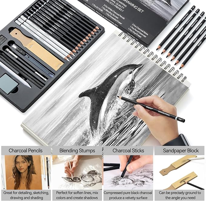 PANDAFLY 24 Piece Charcoal Drawing Set, Black & White Charcoal Pencils for Drawing, Sketching, Shading, Blending, Artist Pencils for Adults Beginners & Pro Artists