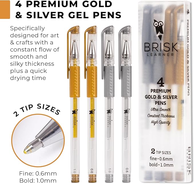 4 Gold Silver Gel Pens - 0.6 & 1.0mm Fine & Bold for Artists - Metallic Ink for Art, Drawing, Black Paper, Coloring, Journaling, Wedding, Scrapbook