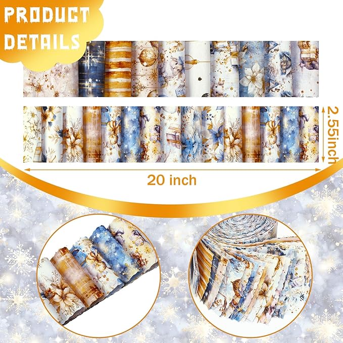 Ganeen 100 Pcs Christmas Blue and Gold Quilting Fabric Roll 2. 56 Inch Fabric Squares Jelly Patchwork Precut Strips Bundles for Holiday Materials Craft DIY Sewing Cloths