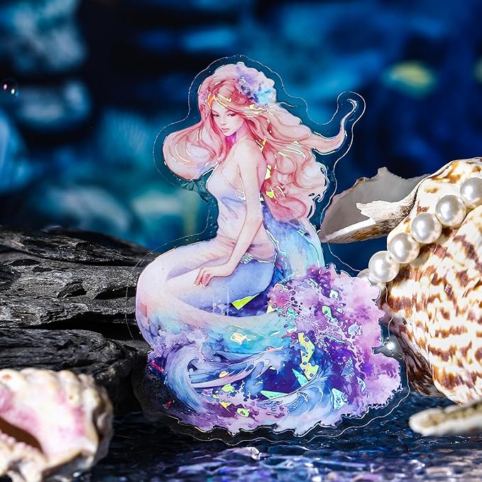 Yoksas Holographic Shiny Fantasy Mermaid Big Stickers - 30Pcs Waterproof Clear Glitter Aesthetic Fairy Tale Scrapbook Stickers for Junk Journals,Planner,Resin Art Supplies
