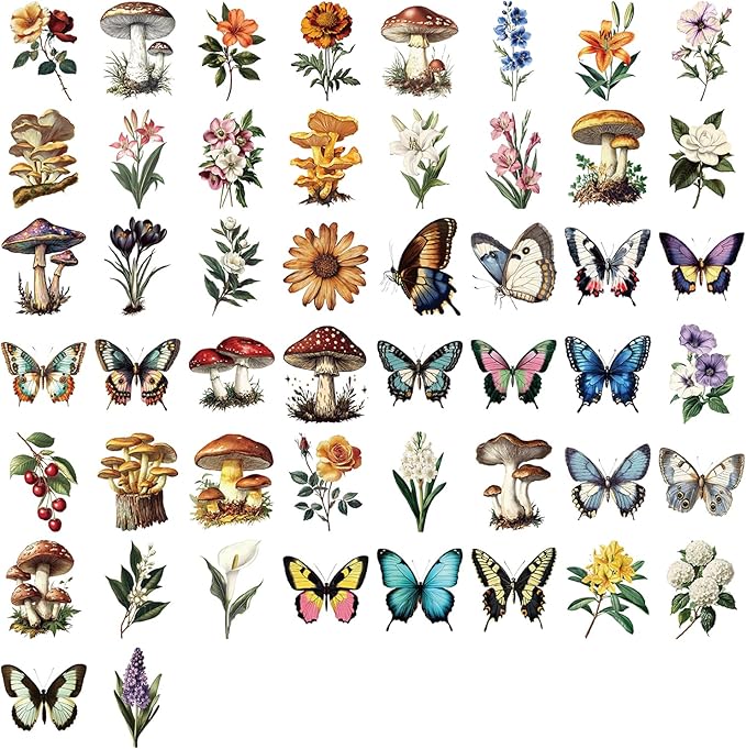 50Pcs Vintage Mushroom, Flower, Butterfly Stickers, Aesthetic Waterproof Stickers Packs for Journal, Scrapbooking, Photo Album, Laptop, Kindle, PET Transparent Decals