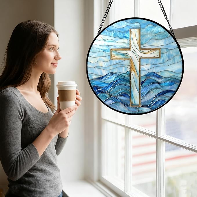 Christian Gifts for Women - Blue Cross Stained Glass Window Hanging Jesus Easter Ocean Waves Sun Catcher Garden Religion Decor Mother's Day Catholic Gift for Men Grandma Mom Her Nana 11.8"