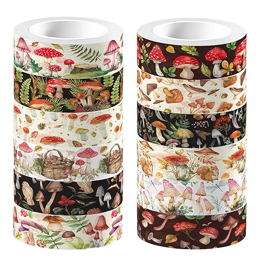 12 Pcs Mushroom Washi Tape White and Black Halloween Masking Tape Ghosts Pumpkins Bats Pattern Decorative Paper Sticker for Halloween Party Holiday Scrapbook DIY Craft Gift Wrapping Handbook Sticker