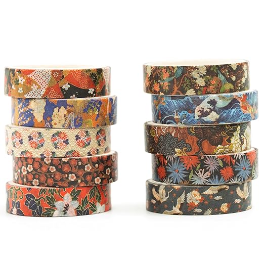 10 Rolls Ukiyo-e Style Washi Tape Set Japanese Kyoto Arts Adhesive Tapes Skinny Decorative Masking Tape Sets for Craft, Kids, Scrapbook, DIY, Gift Wrapping (Edo Elegance)