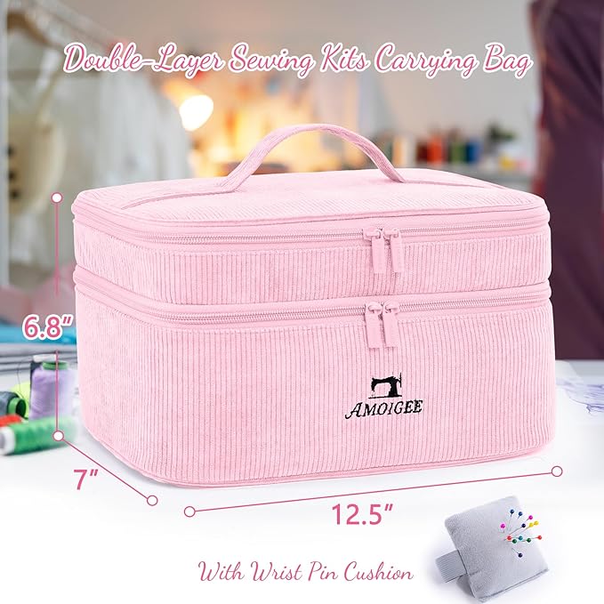 AMOIGEE Double-Layer Sewing Accessories Organizer with Pin Cushion – Large Sewing Storage Bag for Thread, Notions & Tools – Portable Travel Sewing Tote for Quilting, Embroidery & Crafts Gift (BagOnly)