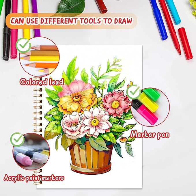 Tlenpo Adult Coloring Book for Women, Spiral Bound Adult Coloring Books for Women Relaxation, Suitable for Alcohol Markers and Colored Pencils, Single-Sided Print of Flower, 50 Coloring Pages