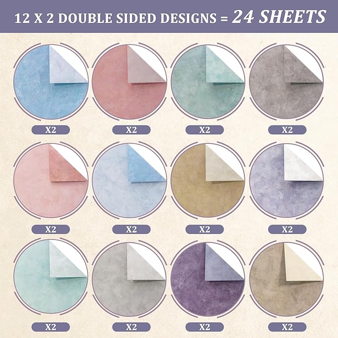 Scrapbook Paper 12x12 - 24 Sheets/24 Designs Double-Sided Textured Craft Paper, Boho Patterned Scrapbooking Paper for Scrapbook Supplies Junk Journals Card Making Origami Photo Album, Soft Pastel