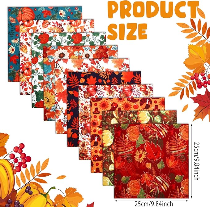 Tudomro 70 Pcs 10 x 10 Inch Fall Quilting Fabric Squares Pumpkin Maple Leaf Fabric Bundles Turkey Sunflower Printed Precut Patchwork Materials for Thanksgiving Harvest DIY Crafts Cloths Handmade