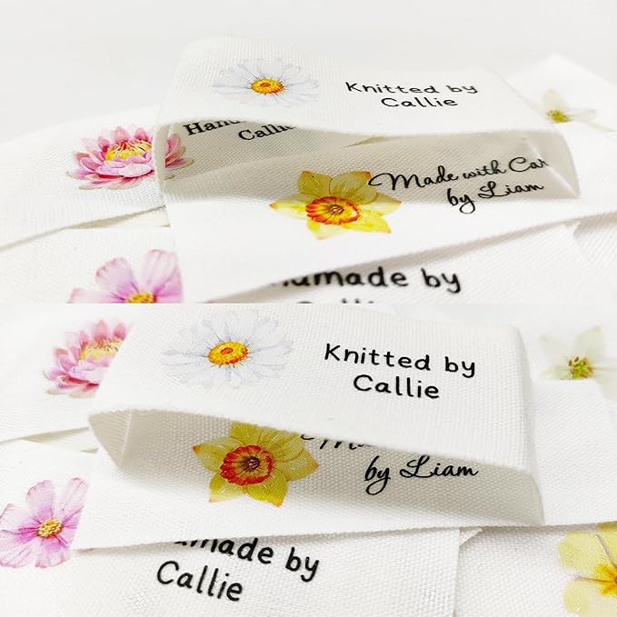callie Personalized 10-100Pcs Sewing Labels - Custom Birth Flower & Name, Fabric Made with Love Sewing Tags for Handmade Items Clothes, Gifts for Knitting DIY Craft Lovers