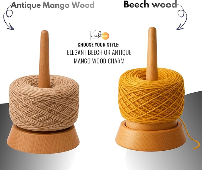 Kraftica Antique Wood Yarn Holder, Tangle-Free Yarn Spinner for Knitting & Crochet with Smooth-Rotation Bearing, Heavy Base, Two Spindles & Anti-Slip Rubber Feet, 22 lb Capacity for Chunky Yarn